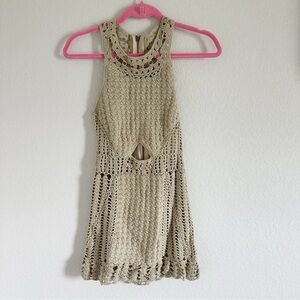 NWT Flook The Label Crochet Knit Mini Dress Coverup Beige Sheer Cutout Sz S